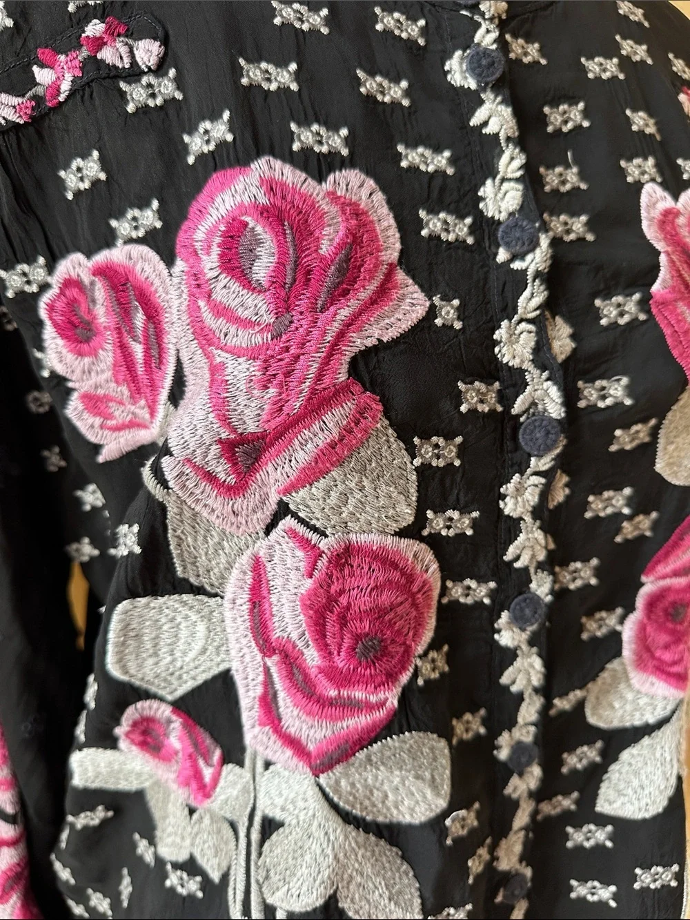 Johnny Was Black Blouse with Pink Rose Embroidery - Picture 3 of 9